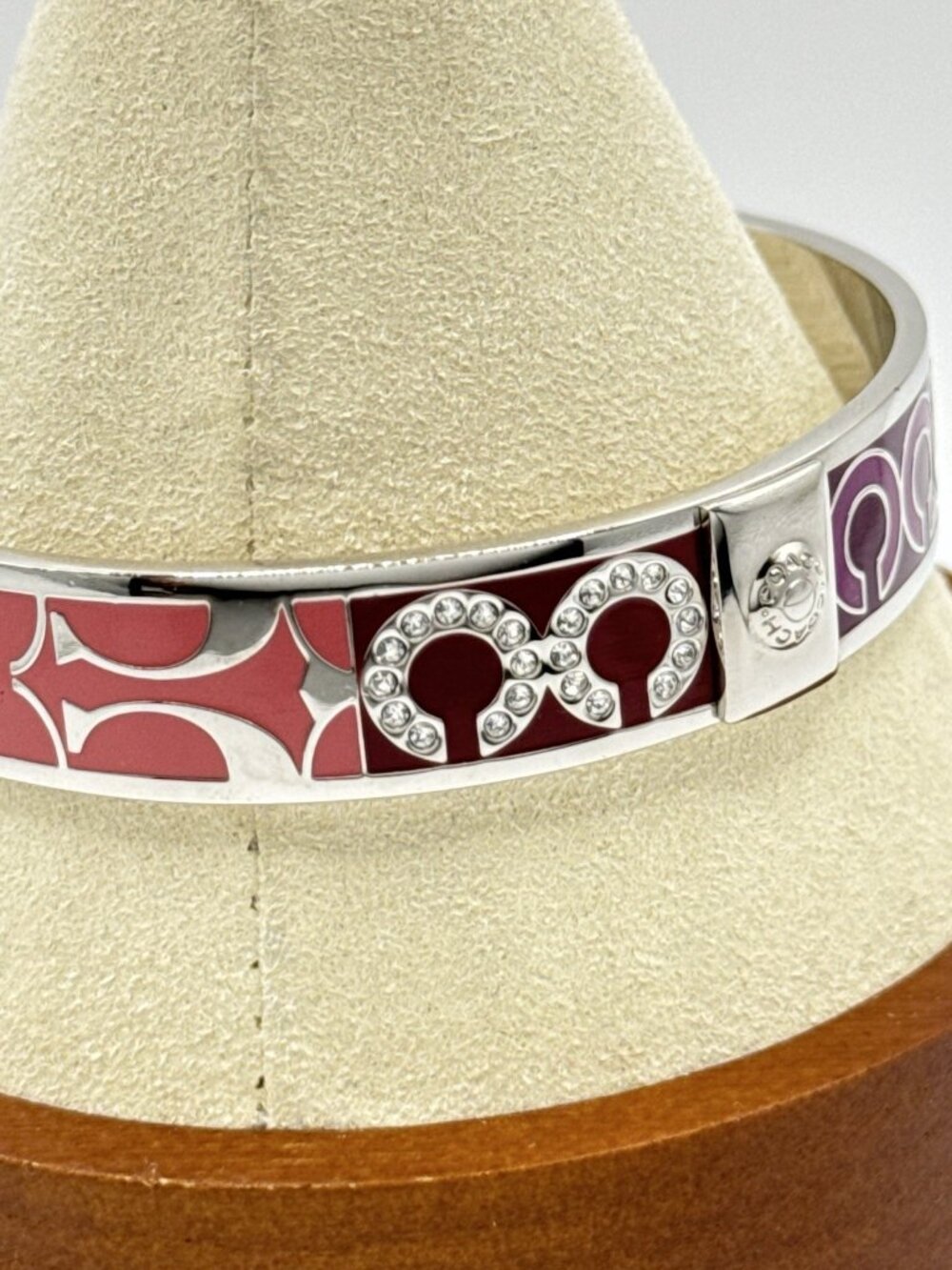 Coach Signature Bracelet Bangle Rhinestones Silver Tone Purple Peach Multi Color